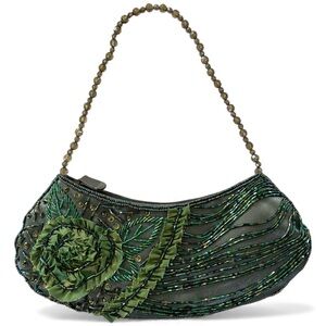 Mariell Green Embroidered Beaded Ribbon Holiday Small Bag w/Bead handle 10”x4”